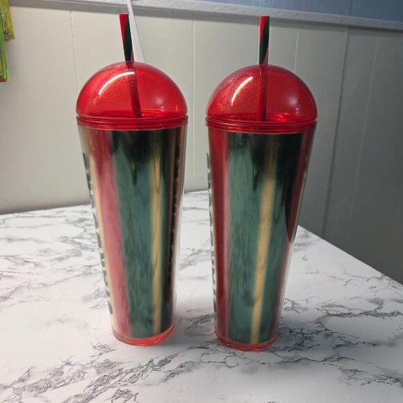Starbucks 24 oz Limited Edition 2024 Metallic Red Gold Dome Tumblers Set of 2 - Picture 2 of 6